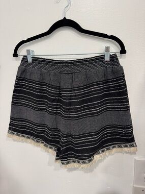 Hem & Thread Black and Cream Striped Fringe Women’s Shorts
